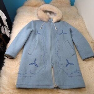 Hudson Bay Blanket Jacket Woman Blue Fur Trim Lined Vintage Cozy